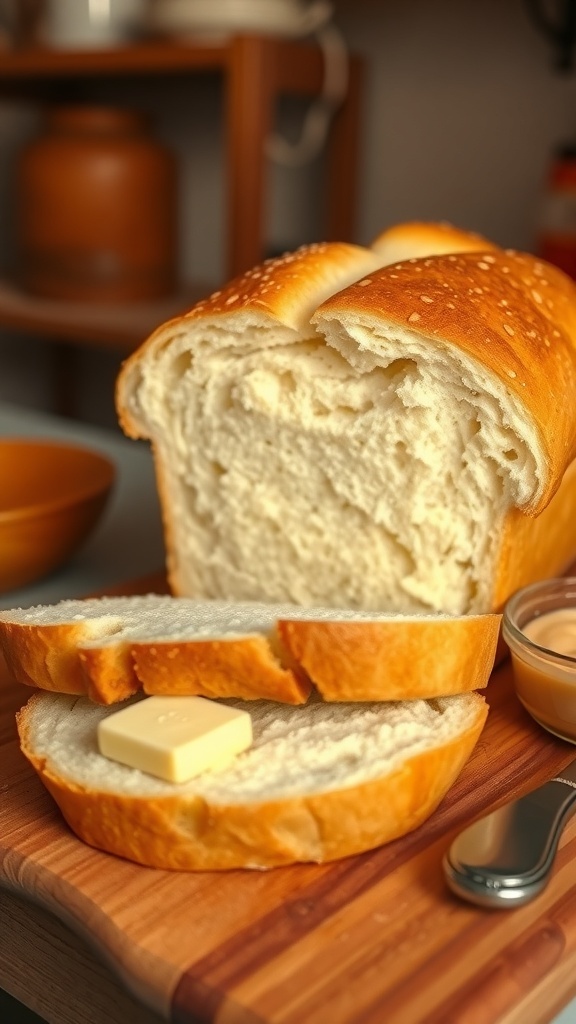 A rustic loaf of homemade bread on a cutting board, sliced to show its fluffy texture, with butter and a knife nearby.